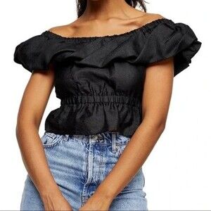 Topshop Off the Shoulder Twisted Ruffles Collared Bardot Black Blouse Size US8